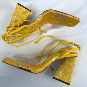 Schutz Tie Front Heeled Sandals Mayala Bright Yellow 7.5B Evening Party
